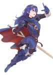  1girl blue_eyes blue_gloves blue_hair cape falchion_(fire_emblem) fire_emblem fire_emblem:_kakusei full_body gloves holding holding_sword holding_weapon long_hair long_sleeves lucina miyazakit nintendo open_mouth simple_background solo sword tiara weapon white_background 