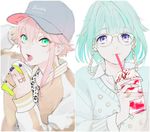  aqua_eyes baseball_cap bespectacled blue_hair casual coffee coffee_cup cup disposable_cup ensemble_stars! eyewear_strap fashion glasses hat himemiya_touri male_focus multiple_boys nail_polish pink_hair purple_eyes shigegigi shino_hajime sidelocks 