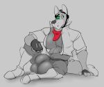  anthro bandanna big_bulge boots bulge canid canine clothed clothing earpiece footwear fox fox_mccloud hewge male mammal nintendo simple_background sitting solo star_fox video_games 