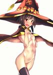  :o black_legwear breasts brown_hair brown_hat button_eyes cape collarbone groin hands_on_own_chest hat jinramu kono_subarashii_sekai_ni_shukufuku_wo! looking_at_viewer megumin naked_cape navel nipples nude open_mouth pussy red_eyes short_hair small_breasts solo stomach tassel thighhighs uncensored walking witch_hat 
