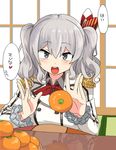  :d double-breasted double_bun epaulettes food fruit highres kantai_collection kashima_(kantai_collection) kotatsu kozou_(rifa) looking_at_viewer mandarin_orange no_hat no_headwear open_mouth silver_eyes silver_hair smile solo table teeth translated twintails 