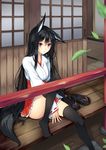  animal_ears architecture black_hair black_legwear brown_eyes commentary_request covering covering_crotch east_asian_architecture footwear_removed fox_ears fox_girl fox_tail hakama japanese_clothes karakura kitsune leaf long_hair looking_at_viewer miko no_shoes original ribbon_trim sitting solo tail tatami thighhighs very_long_hair wooden_floor wooden_wall zouri 