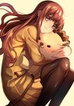  :3 bangs blush brown_eyes brown_hair brown_legwear closed_mouth fate/extra fate/extra_ccc fate_(series) from_side holding holding_stuffed_animal hug jacket kishinami_hakuno_(female) legs_folded light_frown long_hair long_sleeves looking_at_viewer minami_ikkei miniskirt pantyhose pleated_skirt school_uniform skirt solo stuffed_animal stuffed_lion stuffed_toy tsukumihara_academy_uniform_(fate/extra) yellow yellow_background yellow_jacket yellow_skirt 