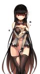  black_gloves black_hair black_legwear blush breast_hold breasts cleavage elbow_gloves fingerless_gloves frown gloves hair_ornament highres iinuma_toshinori large_breasts long_hair looking_at_viewer navel open_clothes orange_eyes simple_background smoke solo tears thighhighs torn_clothes underboob white_background 
