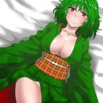 alternate_costume bad_id bad_pixiv_id blush breasts cleavage collarbone commentary_request floral_print green_hair japanese_clothes kazami_yuuka kurirou large_breasts long_sleeves looking_at_viewer lying obi on_back on_bed red_eyes sash short_hair solo sweat tareme touhou 