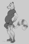  anthro belly big_belly bulge clothed clothing ear_piercing eyewear ferret fur greyscale hewge male mammal monochrome mustelid piercing simple_background solo standing sunglasses 