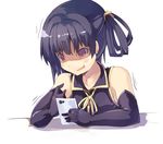  bare_shoulders black_hair cellphone clammy_zell highres long_hair no_game_no_life normaland phone red_eyes smartphone solo wavy_mouth 