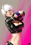  abs angel_(kof) blue_eyes blue_gloves breasts chaps cropped_jacket daniel_fernando_sanchez eyebrows eyelashes eyeliner fingerless_gloves gloves highres large_breasts lips makeup midriff nose short_hair silver_hair sleeves_pushed_up smile solo the_king_of_fighters thick_eyebrows upper_body 