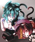  :p animal_ears bare_shoulders blue_eyes blue_hair breasts brown_eyes brown_hair cat_ears cat_tail chin_rest cleavage earrings hair_ornament hair_rings hair_stick hat heart highres jewelry jiangshi kaku_seiga kemonomimi_mode lipstick looking_at_viewer lying makeup mascara medium_breasts miyako_yoshika multiple_girls ofuda on_stomach outstretched_arms paws shika_miso star tail tongue tongue_out touhou 
