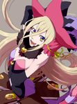  :d armpits bad_id bad_pixiv_id black_sleeves blonde_hair blue_eyes book cowboy_shot feather_boa gloves grey_background hat long_hair looking_at_viewer magilou_(tales) mismatched_sleeves multicolored multicolored_eyes open_mouth pink_sleeves signature skirt smile solo tales_of_(series) tales_of_berseria tasasakiamagu witch_hat yellow_eyes 