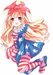  american_flag_dress american_flag_legwear bangs blonde_hair blush clownpiece dress eyebrows frilled_shirt_collar frills hat highres jester_cap karasusou_nano long_hair looking_at_viewer neck_ruff open_mouth outstretched_arms pantyhose pink_eyes polka_dot short_dress short_sleeves simple_background sketch smile solo star striped striped_dress touhou very_long_hair white_background 