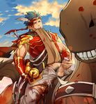  1boy armor blood blue_hair cum horse itto_(mentaiko) male_focus muscle naughty_face outdoors penis solo tagme testicles 