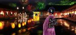  black_eyes black_hair blurry blurry_background curly_hair festival fireworks floral_print flower furisode hair_flower hair_ornament hair_up hands_together highres japanese_clothes kimono looking_at_viewer looking_back new_year obi open_mouth original parsue sash short_hair solo wide_sleeves 