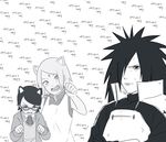  1boy 2girls haruno_sakura madasara monochrome multiple_girls naruto uchiha_madara uchiha_sarada 