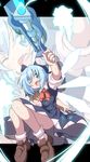  ;d blue_dress blue_eyes blue_hair bow cirno do_(4-rt) dress fang gun hair_bow highres ice ice_wings one_eye_closed open_mouth puffy_short_sleeves puffy_sleeves shirt short_sleeves smile solo splatoon_(series) splatoon_1 super_soaker touhou upskirt water_gun weapon wings zoom_layer 