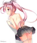  blush harusame_(kantai_collection) hat kantai_collection long_hair looking_back na!?_(naxtuyasai) open_mouth panties panty_pull pink_eyes pink_hair pleated_skirt skirt solo topless twintails twitter_username underwear white_background white_panties 