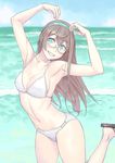  :d aqua_eyes aqua_hairband armpits arms_up bare_shoulders beach bikini breasts brown_hair collarbone day glasses hairband kantai_collection leg_up long_hair medium_breasts navel ooyodo_(kantai_collection) open_mouth outdoors sandals smile solo swimsuit water white_bikini yuuji_(and) 