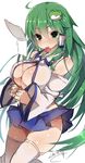  between_breasts blush breasts cleavage_cutout colorized condom condom_in_mouth detached_sleeves downscaled frog_hair_ornament gohei greatmosu green_eyes green_hair hair_ornament hair_tubes heart heart-shaped_pupils highres japanese_clothes kochiya_sanae large_breasts long_hair long_sleeves looking_at_viewer md5_mismatch miko miniskirt mouth_hold resized signature simple_background sketch skirt smile snake_hair_ornament solo symbol-shaped_pupils thighhighs touhou upskirt white_background white_legwear wide_sleeves 
