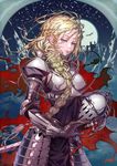  armor blonde_hair blue_eyes braid castle cowter dragon fantasy gauntlets half-closed_eyes headwear_removed helmet helmet_removed l.green lips long_hair looking_at_viewer moon mountain night original pauldrons sky solo star_(sky) starry_sky sword weapon 