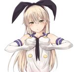  bare_shoulders blonde_hair blush breast_conscious breast_lift breasts eyebrows gloves hairband highres kakutasu kantai_collection long_hair looking_at_viewer pout shimakaze_(kantai_collection) simple_background small_breasts solo upper_body very_long_hair white_background white_gloves yellow_eyes 