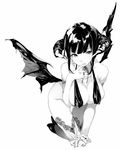  bangs bare_shoulders breasts cleavage demon_horns eyebrows eyebrows_visible_through_hair finger_to_mouth greyscale halterneck high_heels highres horns large_breasts mole mole_on_breast monochrome original shunsei_(muratou) sidelocks simple_background solo thighhighs white_background wings wrist_cuffs 