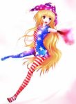  american_flag_dress american_flag_legwear arched_back bad_id bad_pixiv_id blonde_hair breasts chromatic_aberration clownpiece dyolf fairy_wings fang fire gradient gradient_background hat hips jester_cap long_hair looking_to_the_side open_mouth outstretched_arm pantyhose purple_background purple_fire red_eyes shiny shiny_hair short_sleeves small_breasts solo torch touhou very_long_hair white_background wings 