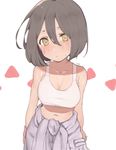  blush breasts brown_eyes brown_hair crop_top full-face_blush jumpsuit large_breasts looking_at_viewer midriff navel shiny shiny_skin shirt short_hair skindentation solo taut_clothes taut_shirt tied_shirt uni_(melm) 
