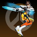  biting bodysuit brown_hair foreshortening goggles gun handgun jacsplus lip_biting orange_bodysuit overwatch pistol skin_tight smirk solo tracer_(overwatch) weapon 