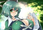  aqua_hair breasts cleavage commentary_request dress green_dress green_eyes hat hat_ribbon huge_breasts juliet_sleeves long_sleeves looking_at_viewer puffy_sleeves ribbon soga_no_tojiko solo touhou umigarasu_(kitsune1963) upper_body 