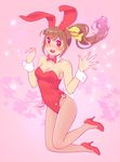  animal_ears bow bowtie brown_hair bunny_ears bunny_tail bunnysuit detached_collar fishnet_pantyhose fishnets fukusuke_hachi-gou highres jumping long_hair original pantyhose ponytail red_eyes solo tail wrist_cuffs 