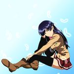  absurdres black_hair black_legwear feathers hair_ribbon highres huge_filesize kakumeiki_valvrave light_smile long_hair looking_at_viewer purple_eyes red_skirt ribbon rukino_saki school_uniform sitting skirt solo thighhighs white_ribbon zettai_ryouiki 