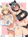  animal_ears atago_(kantai_collection) bell bell_choker bell_collar black_bra black_hair black_panties blonde_hair blush bra breasts cat_cutout cat_ear_panties cat_ears cat_lingerie choker cleavage_cutout collar frilled_bra frills highres huge_breasts jingle_bell kantai_collection kloah meme_attire multiple_girls navel one_eye_closed panties paw_pose paw_print red_eyes side-tie_panties stomach takao_(kantai_collection) thighhighs underwear underwear_only white_bra 