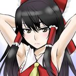  armpits arms_up ascot bad_id bad_pixiv_id black_hair blush bow brown_eyes commentary_request hair_bow hair_tubes hakurei_reimu kurirou long_hair looking_at_viewer lowres red_bow sleeveless solo touhou upper_body 