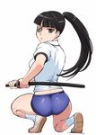  :o alternate_costume ass black_hair blush breasts brown_eyes buruma eyepatch from_behind gym_uniform katana long_hair looking_back medium_breasts one_knee parted_lips ponytail sakamoto_mio sheath sheathed shiny shiny_hair solo strike_witches sword ueyama_michirou weapon white_background world_witches_series 