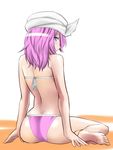  ass back bad_id bad_pixiv_id bare_shoulders blue_eyes blush butt_crack commentary_request hat kurirou lavender_hair letty_whiterock looking_at_viewer mob_cap panties pink_panties short_hair sitting solo touhou underwear wariza 