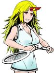  :d bad_id bad_pixiv_id bare_shoulders blonde_hair breaking breasts cleavage commentary_request cowboy_shot horn hoshiguma_yuugi kurirou large_breasts long_hair open_mouth racket red_eyes sleeveless smile solo sportswear tennis_racket tennis_uniform touhou white_background 