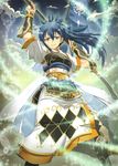  blue_hair cloud fire_emblem fire_emblem_cipher fire_emblem_if gauntlets japanese_clothes kimura_shigetaka long_hair naginata oboro_(fire_emblem_if) official_art polearm ponytail sky solo sparkle weapon yellow_eyes 