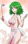  :d alternate_costume apron bad_id bad_pixiv_id bowl breasts cleavage collarbone commentary_request cowboy_shot floral_background flower green_hair kazami_yuuka kurirou ladle looking_at_viewer medium_breasts naked_apron open_mouth plaid plaid_apron red_eyes short_hair sideboob smile solo sunflower touhou 