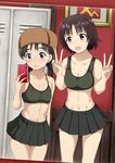  alina_(girls_und_panzer) black_hair blue_eyes blush brown_eyes girls_und_panzer groin hat inoshira multiple_girls navel nina_(girls_und_panzer) open_mouth self_shot skirt sports_bra v 