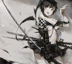 black_hair breasts cleavage gauntlets green_eyes highres holding holding_sword holding_weapon hong medium_breasts no_bra original short_hair signature solo sword underboob weapon 