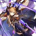  arrow bow_(weapon) breasts brown_eyes brown_hair cape granblue_fantasy head_wings large_breasts long_hair looking_at_viewer navel pupps smile solo song_(granblue_fantasy) thighhighs weapon 