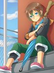  1boy blue_eyes blue_sky blush brown_hair child cloud fence looking_at_viewer male_focus original outdoors pants parasol shirt shoes short_hair sitting sky solo tokenoko 