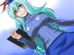  :d alternate_costume bad_id bad_pixiv_id bespectacled blue_hair blue_skirt blush commentary_request contemporary glasses grin hat kamishirasawa_keine kurirou long_hair long_sleeves looking_at_viewer open_mouth red_eyes ribbed_sweater skirt smile solo sweater touhou upper_body 