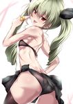  anchovy ass bandeau bare_shoulders bikini black_bikini black_legwear blush commentary_request drill_hair food from_behind girls_und_panzer green_hair hair_ribbon ice_cream long_hair looking_at_viewer looking_back red_eyes ribbon sarong smile solo strapless swimsuit tai_(nazutai) thighhighs tongue tongue_out twin_drills twintails 