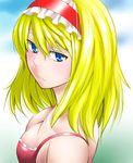  alice_margatroid bad_id bad_pixiv_id blonde_hair blue_eyes bra breasts cleavage commentary_request hairband kurirou lolita_hairband looking_at_viewer medium_breasts red_bra short_hair solo touhou underwear upper_body 