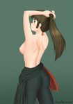  adjusting_hair areolae arms_up ass back black_hair blush breasts brown_eyes from_behind green_background highres inuyasha katzueki large_breasts legs long_hair looking_back nipples no_bra ponytail sango scar shiny shiny_hair shiny_skin signature simple_background solo standing thighs topless 