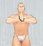  1boy abs bulge itto_(mentaiko) looking_at_viewer male_focus muscle pecs rain scar solo tagme topless underwear 