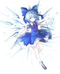  blue_dress blue_eyes blue_hair cirno dress full_body grin hair_ribbon ice ice_wings looking_to_the_side mary_janes nakaichi_(ridil) puffy_sleeves ribbon shoes short_hair short_sleeves simple_background smile socks solo touhou white_background white_legwear wings 