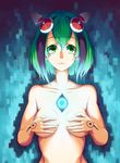  android black_hair breasts cleavage closed_mouth collarbone covering covering_breasts dimension_w eyebrows eyebrows_visible_through_hair glowing green_eyes green_hair headgear highres machinery medium_breasts multicolored_hair nude shade shigatsu_itsuka short_hair smile solo streaked_hair tareme tattoo yurizaki_mira 