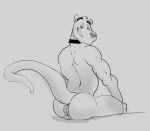  anthro anus big_anus butt collar greyscale hewge looking_at_viewer male mammal monochrome mustelid otter puffy_anus sitting smile solo 